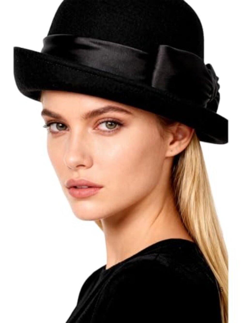 Wool Felt Cloche Hat with Bow Adjustable Formal Church Tea Party
